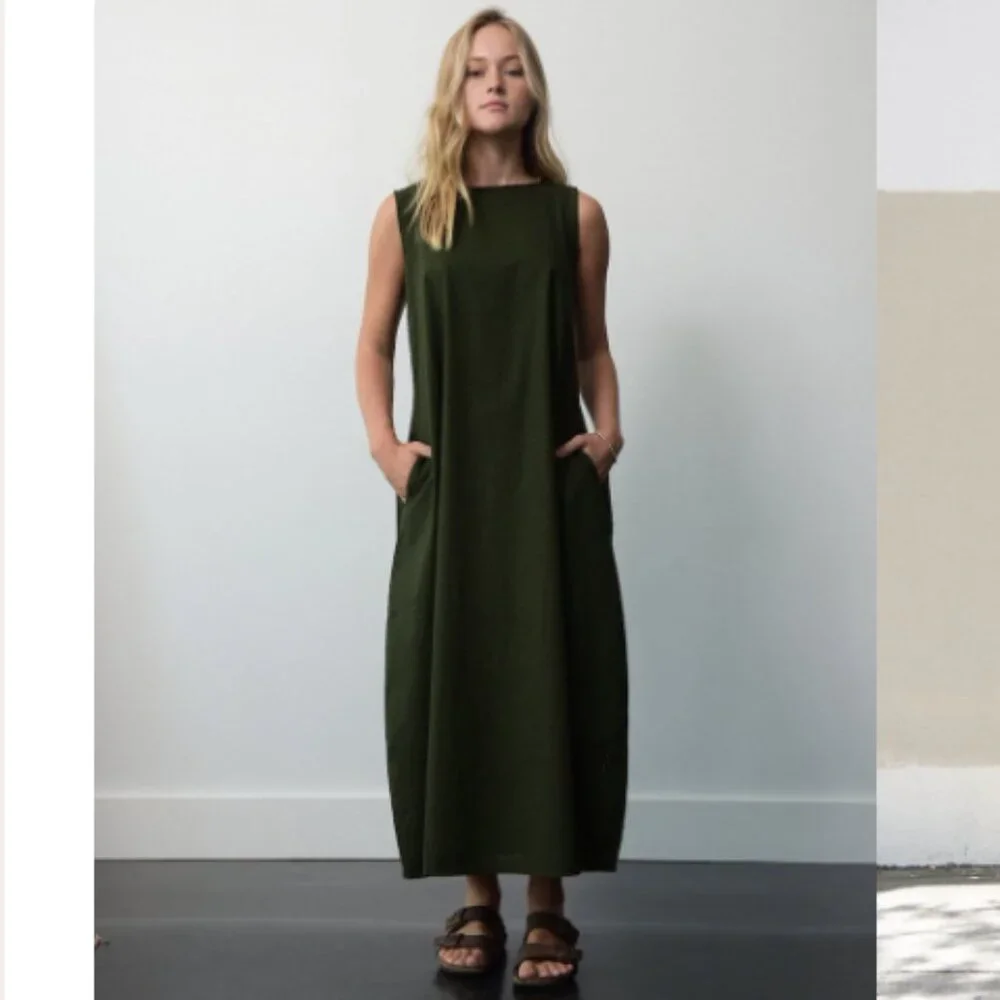 LABO.ART Abito Happy Dress Dark Olive Green Perforated Cotton Sleeveless Maxi - Picture 3 of 13